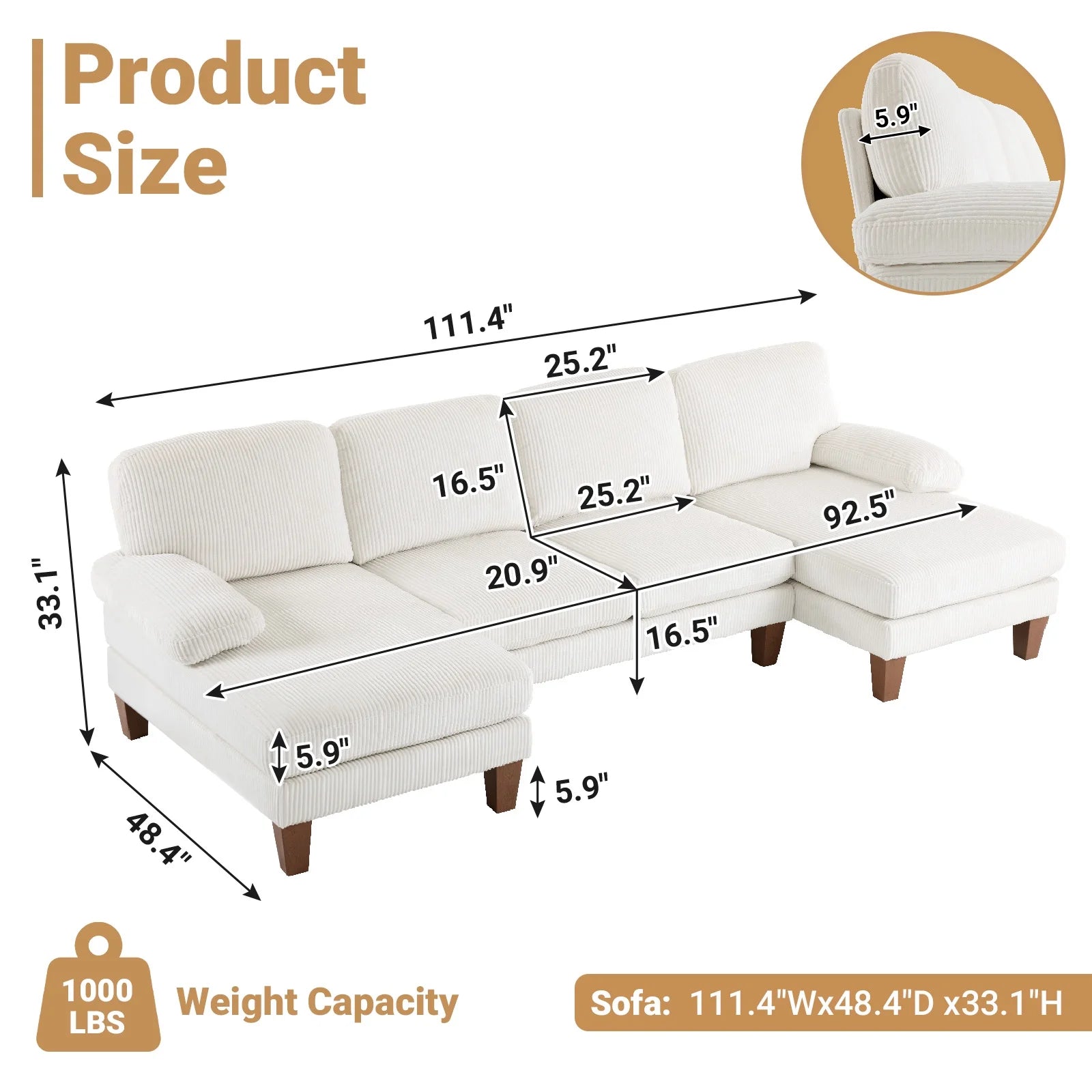 U-Shaped Sectional Sofa, 111" Corduroy Couch, 4 Seat Lounge Sleeper with Double Chaise for Living Room off White