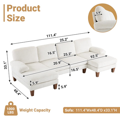 U-Shaped Sectional Sofa, 111" Corduroy Couch, 4 Seat Lounge Sleeper with Double Chaise for Living Room off White