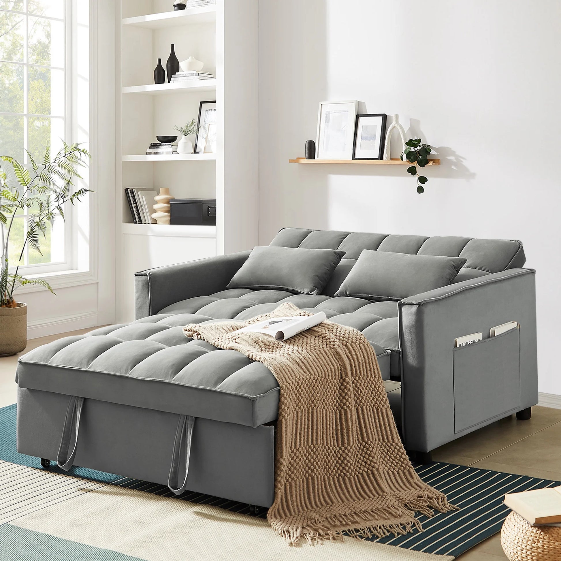 4-In-1 Convertible Futon Sofa Bed, Pull Out Couch Beds Loveseat Sleeper, Gray Velvet