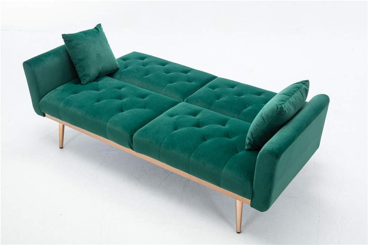63" ccent Sof, Mid Century Modern Velvet Fbric Couch, Convertible Futon Sof Bed ，Recliner Couch ccent Sof Loveset Sof with Gold Metl Feet (Green)