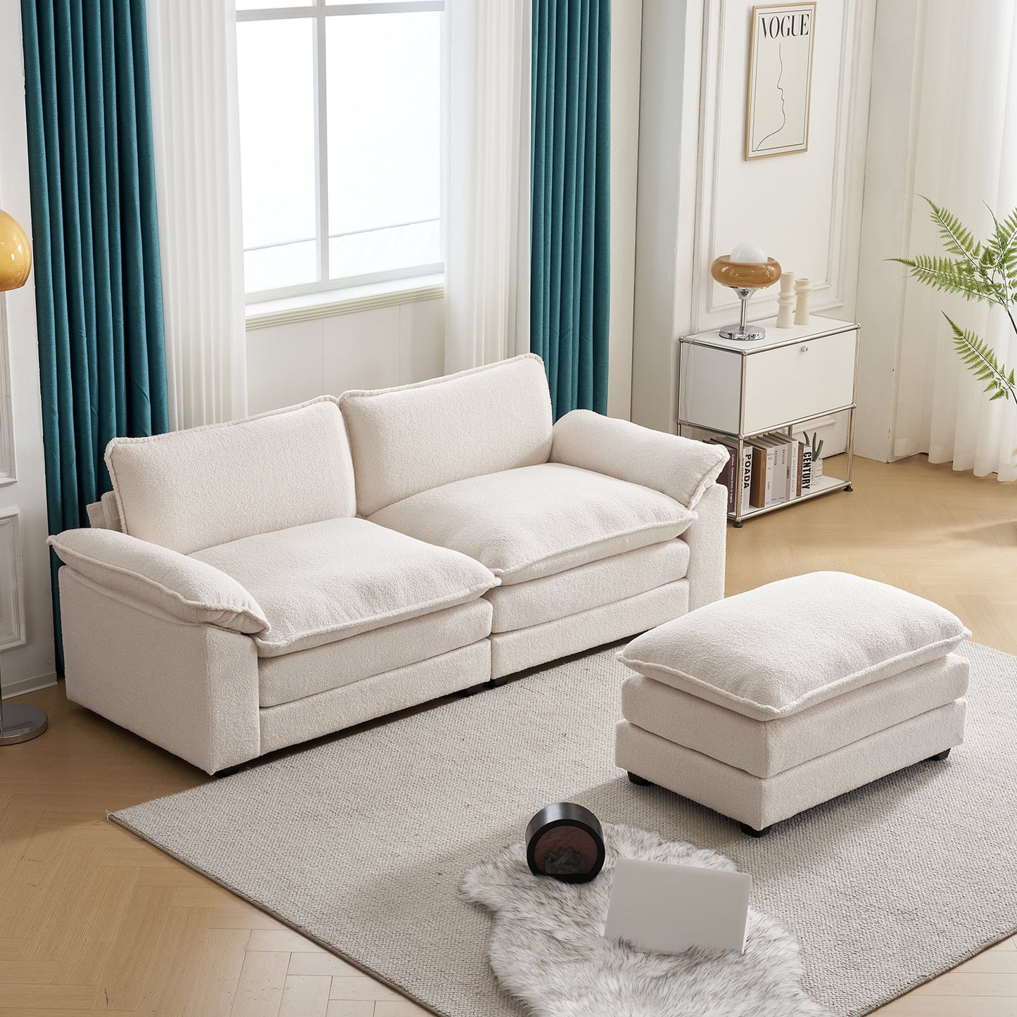 86" W Sectional Sofa Modern Convertible Couch with Double Cushions L Shaped Sofa with Reversible Chaise, Teddy Velvet Sofa Set with 2 Wider Seater Teddy White