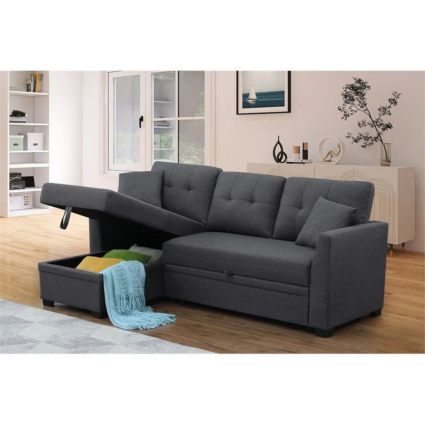 3 Seater L-Shaped Sofa with Pull-Out Sleeper Sofa, Sofa with Storage Recliner for Living Room, Bedroom, Apartment Small Combination Sofa, Dark Gray