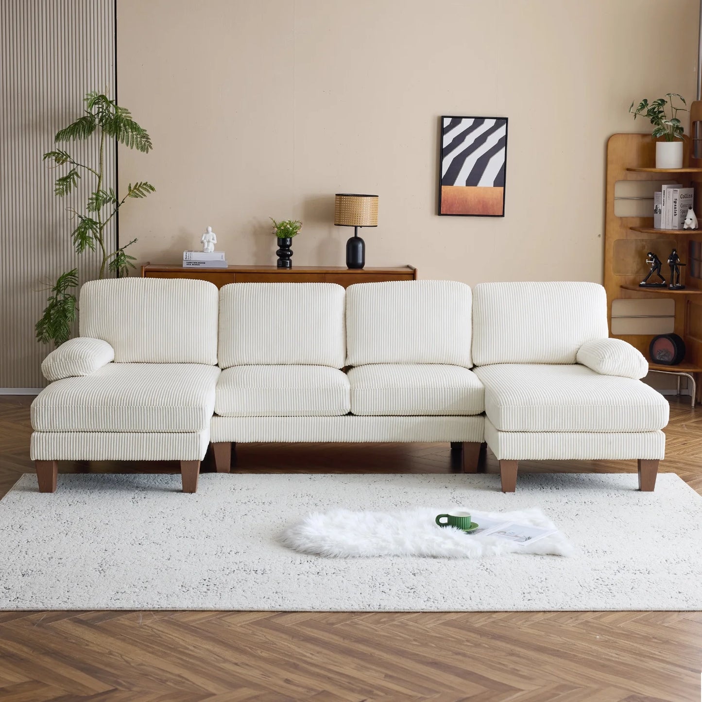 U-Shaped Sectional Sofa, 111" Corduroy Couch, 4 Seat Lounge Sleeper with Double Chaise for Living Room off White