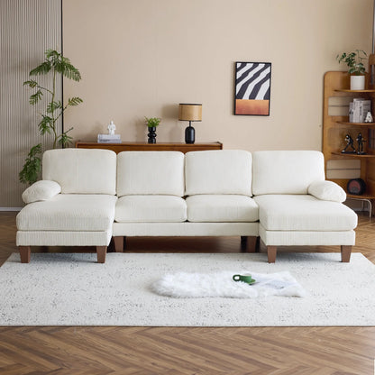 U-Shaped Sectional Sofa, 111" Corduroy Couch, 4 Seat Lounge Sleeper with Double Chaise for Living Room off White