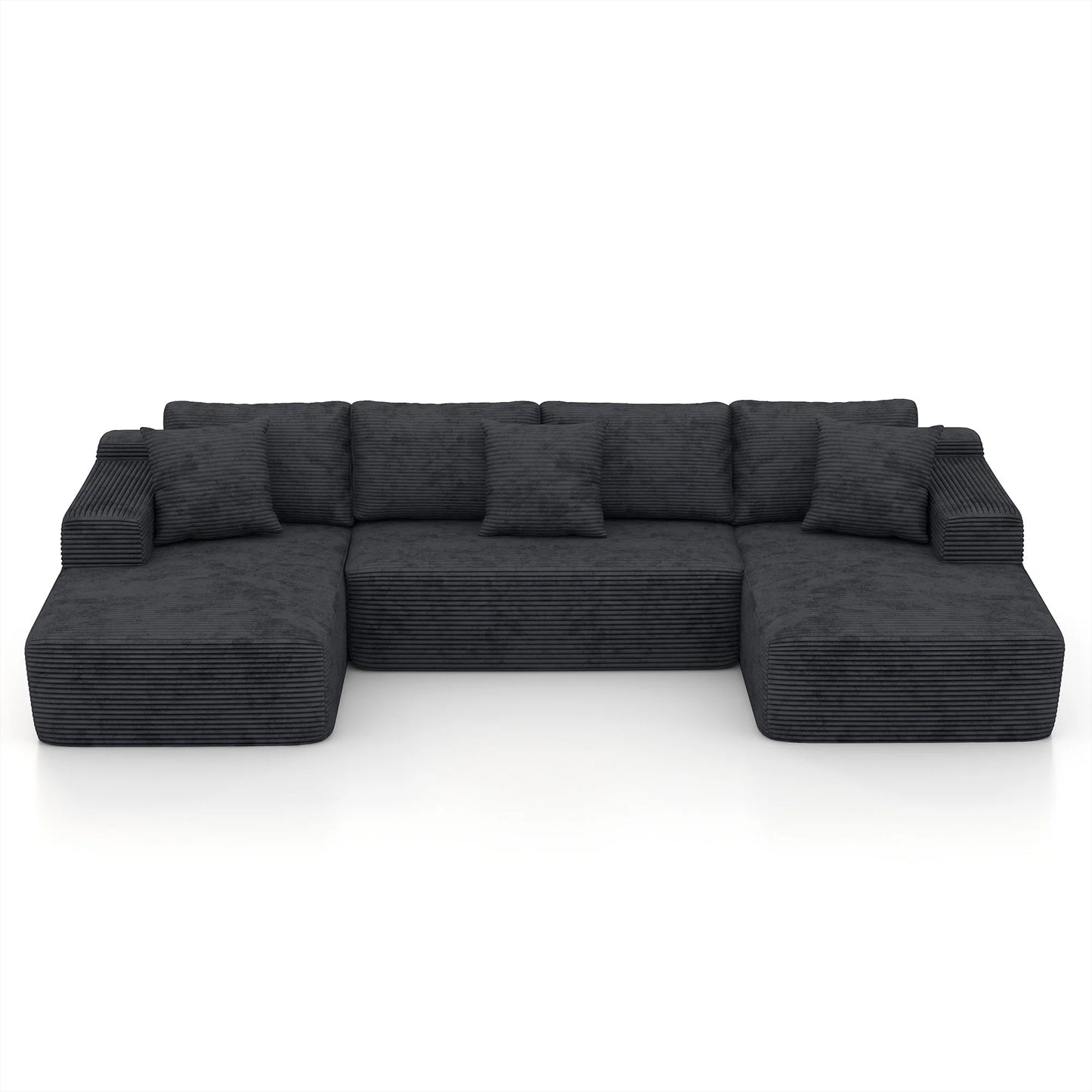 Indoor Modular Sectional Sofa, 132'' Corduroy Cloud Couch with Double Chaise, U Shaped Sofas with Deep Seat, Comfy Fluffy Plush Couches, No Assembly Required, Black