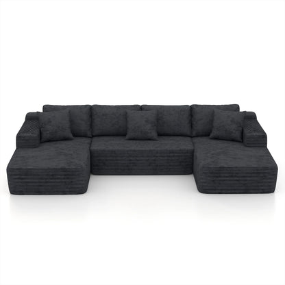 Indoor Modular Sectional Sofa, 132'' Corduroy Cloud Couch with Double Chaise, U Shaped Sofas with Deep Seat, Comfy Fluffy Plush Couches, No Assembly Required, Black