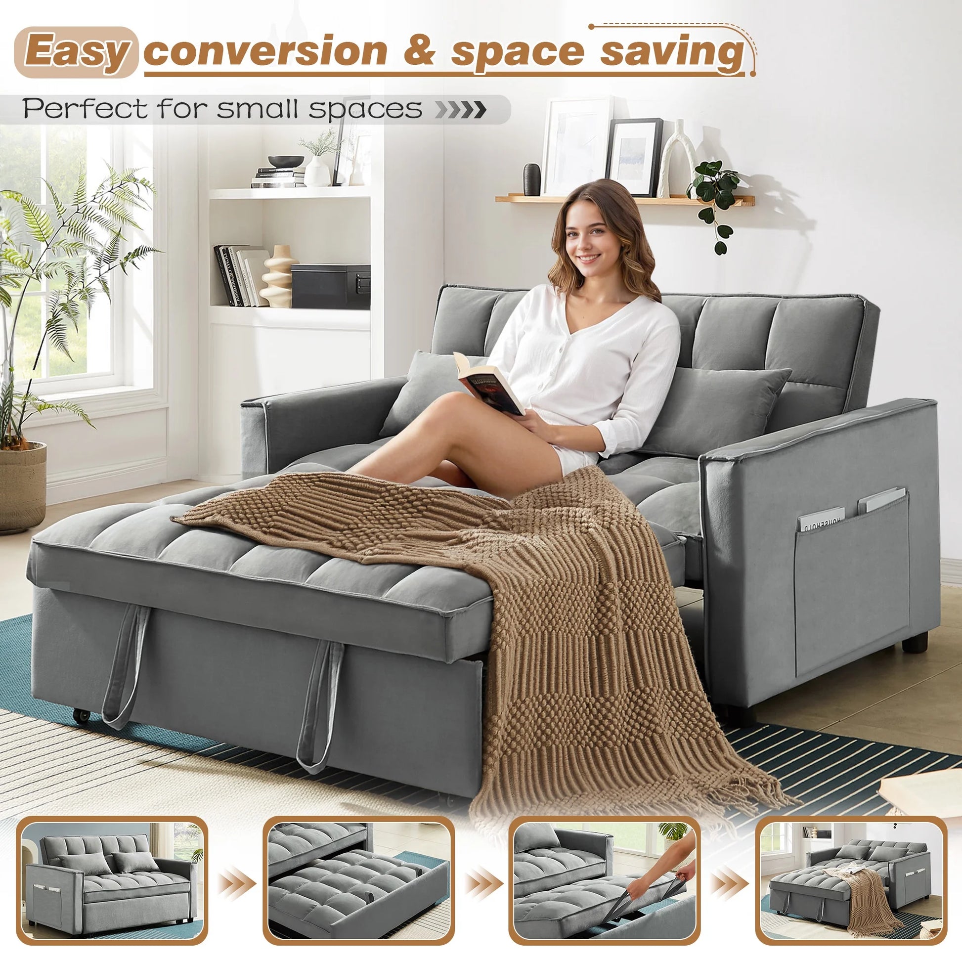 4-In-1 Convertible Futon Sofa Bed, Pull Out Couch Beds Loveseat Sleeper, Gray Velvet