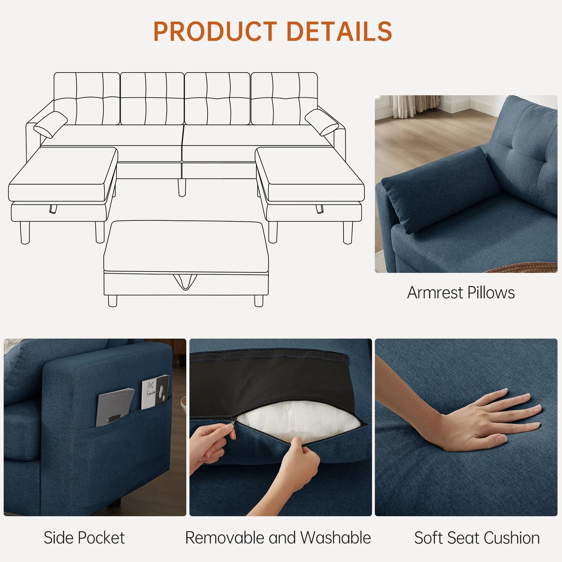 101" Sectional Sofa with 3 Storage Ottoman,4 Seat U Shaped Couch with Side Pockets, Modern Linen Sofa Bed with Coffee Table Ottoman for Living Room Apartment Office Studio,Tool Free Assemble