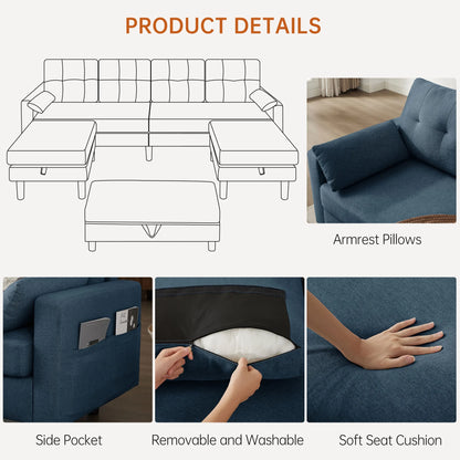 101" Sectional Sofa with 3 Storage Ottoman,4 Seat U Shaped Couch with Side Pockets, Modern Linen Sofa Bed with Coffee Table Ottoman for Living Room Apartment Office Studio,Tool Free Assemble