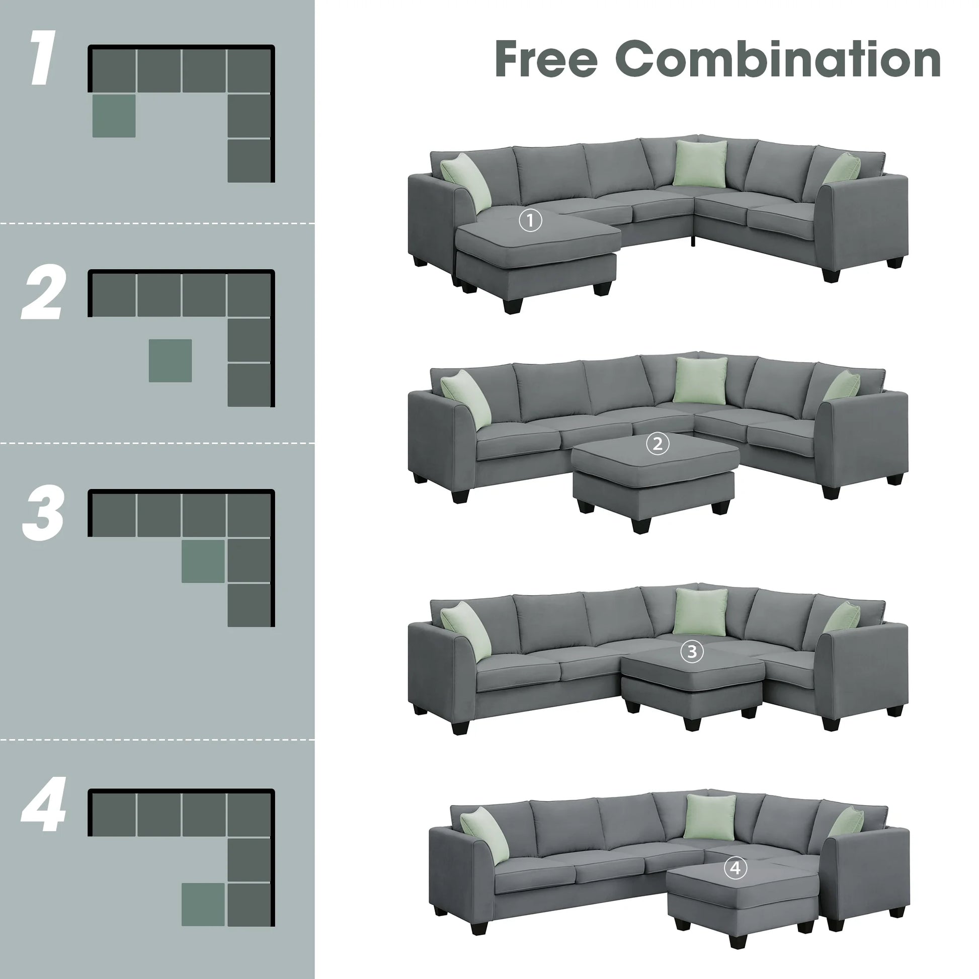 Style 112*87 Inches Modular Sofa with Footrest L Shape Fabric Sofa with 3 Pillows