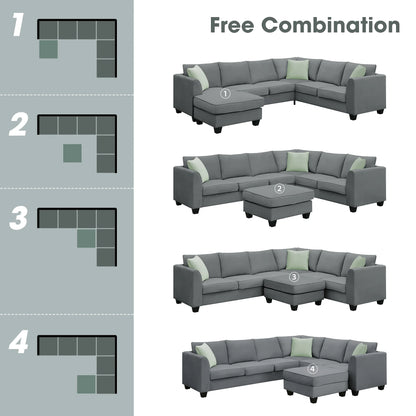 Style 112*87 Inches Modular Sofa with Footrest L Shape Fabric Sofa with 3 Pillows