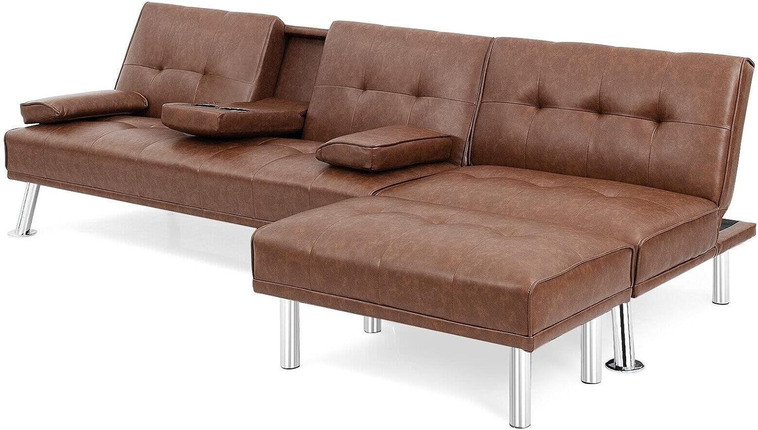 3 Pieces Convertible Sectional Sofa Set, 3 Seat Sofa and Couch with Cup Holders and Ottoman, Tufted PU Leather Chaise Modern Reversible Living Room Furniture for Apartment Office (Brown)
