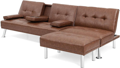 3 Pieces Convertible Sectional Sofa Set, 3 Seat Sofa and Couch with Cup Holders and Ottoman, Tufted PU Leather Chaise Modern Reversible Living Room Furniture for Apartment Office (Brown)