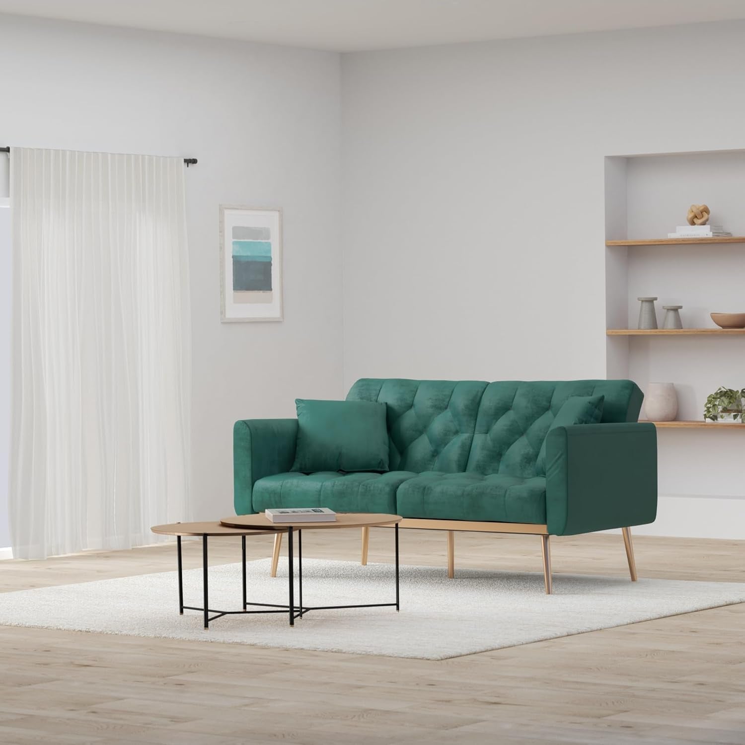 63" ccent Sof, Mid Century Modern Velvet Fbric Couch, Convertible Futon Sof Bed ，Recliner Couch ccent Sof Loveset Sof with Gold Metl Feet (Green)