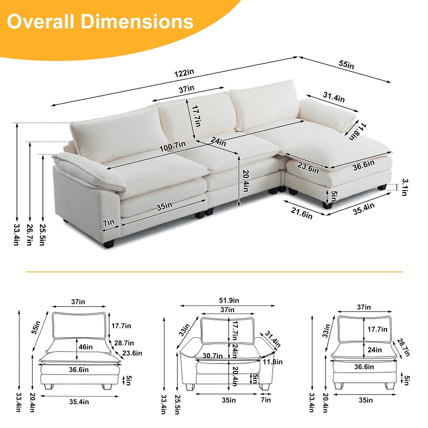 120" W Sectional Sofa Modern Convertible Couch with Double Cushions L Shaped Sofa with Reversible Chaise, Teddy Velvet Sofa Set with 3 Wider Seater Teddy White