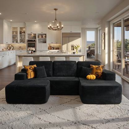 106" U-Shaped Sectional Sofa with Ottoman Modern Modular Cloud Couch with Deep Seating Upholstered Sofa for Living Room Bedroom, No Assembly Required, Black(Corduroy)