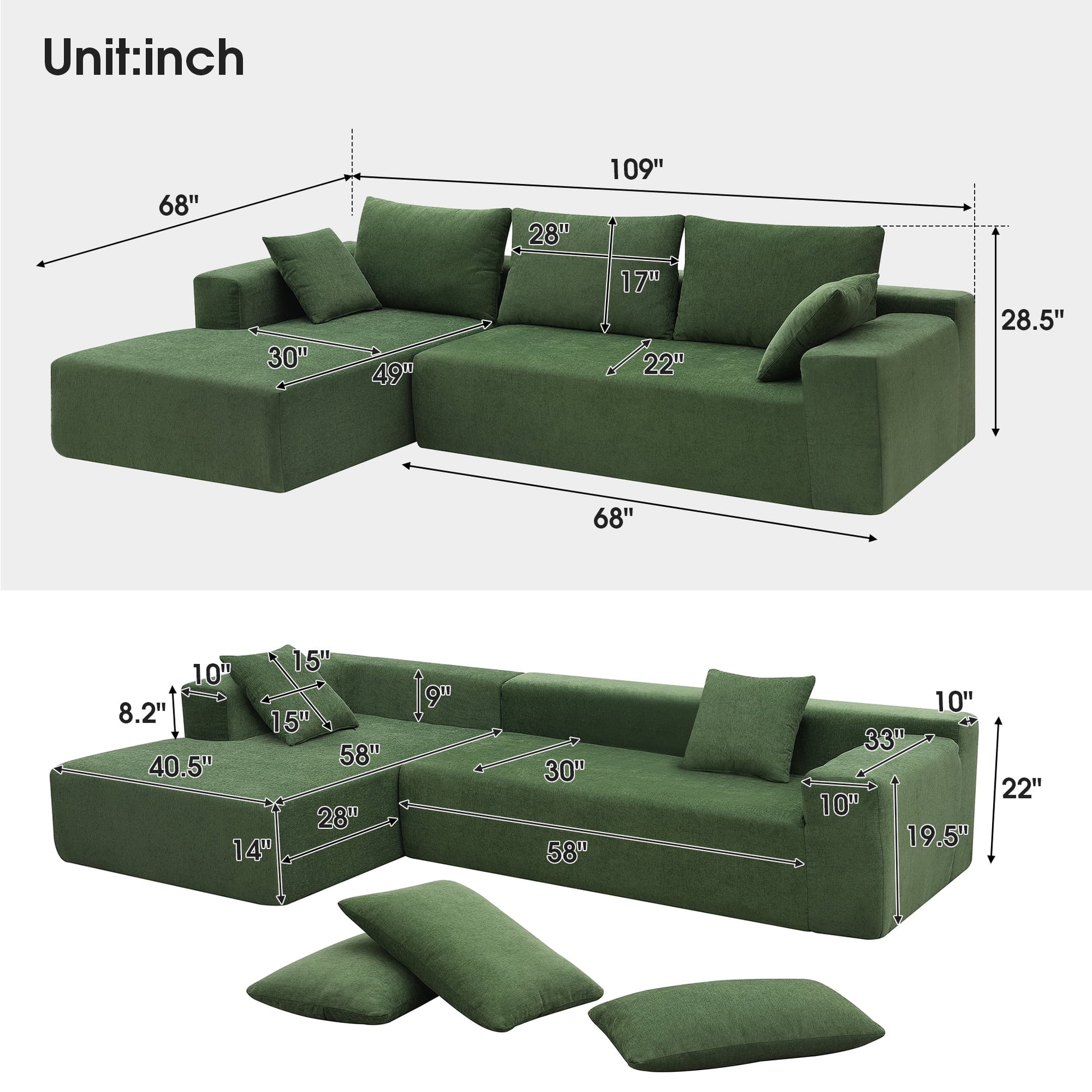109" Modular Sectional Sofa, L Shaped Modern Couch Upholstered Sleeper Sofa Minimalist Style Couch Living Room Sofa Set for Living Room, Green