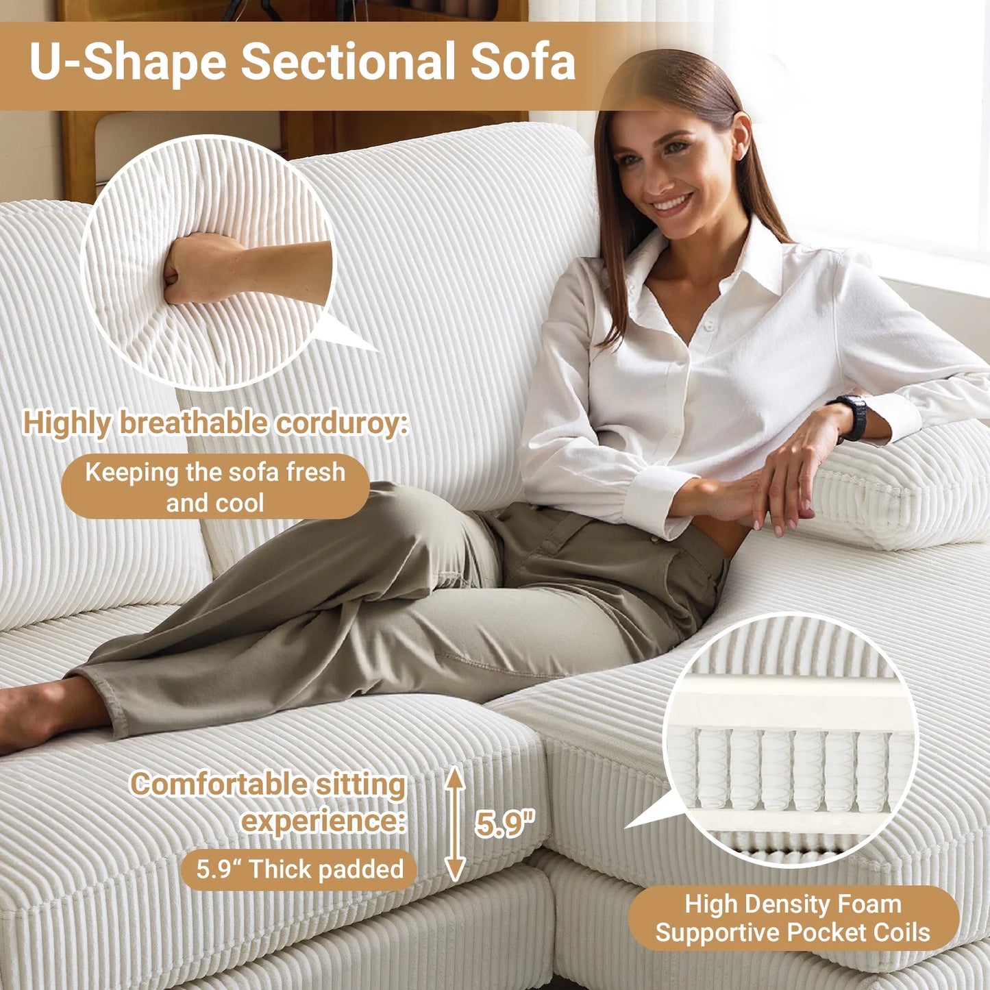 U-Shaped Sectional Sofa, 111" Corduroy Couch, 4 Seat Lounge Sleeper with Double Chaise for Living Room off White