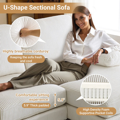 U-Shaped Sectional Sofa, 111" Corduroy Couch, 4 Seat Lounge Sleeper with Double Chaise for Living Room off White