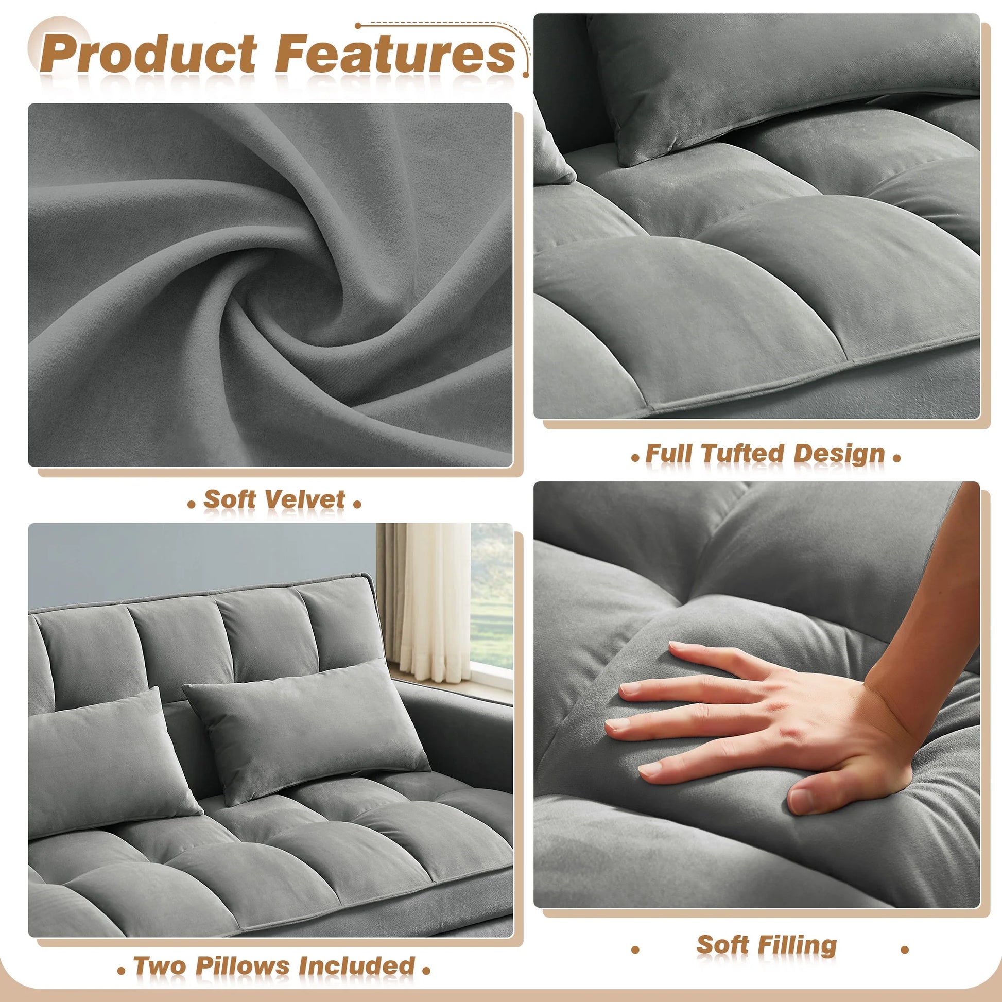 4-In-1 Convertible Futon Sofa Bed, Pull Out Couch Beds Loveseat Sleeper, Gray Velvet