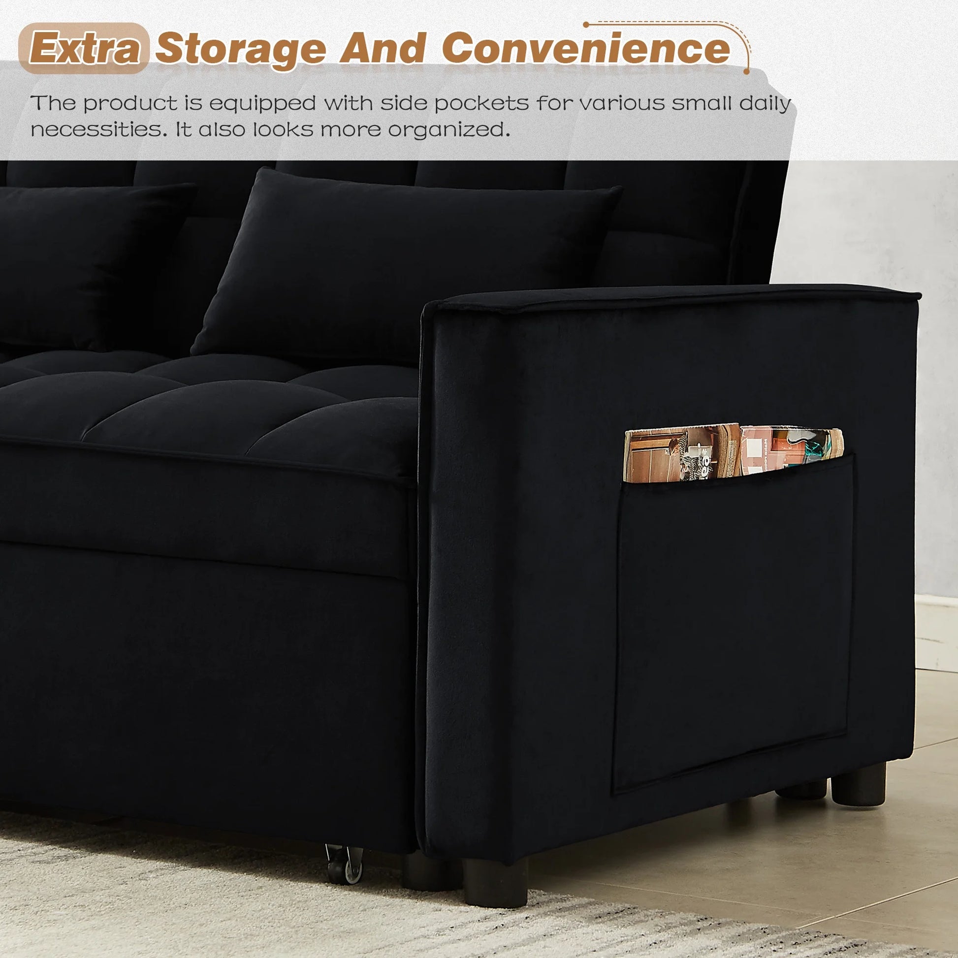 4-In-1 Convertible Futon Sofa Bed, Pull Out Couch Beds Loveseat Sleeper, Black Velvet