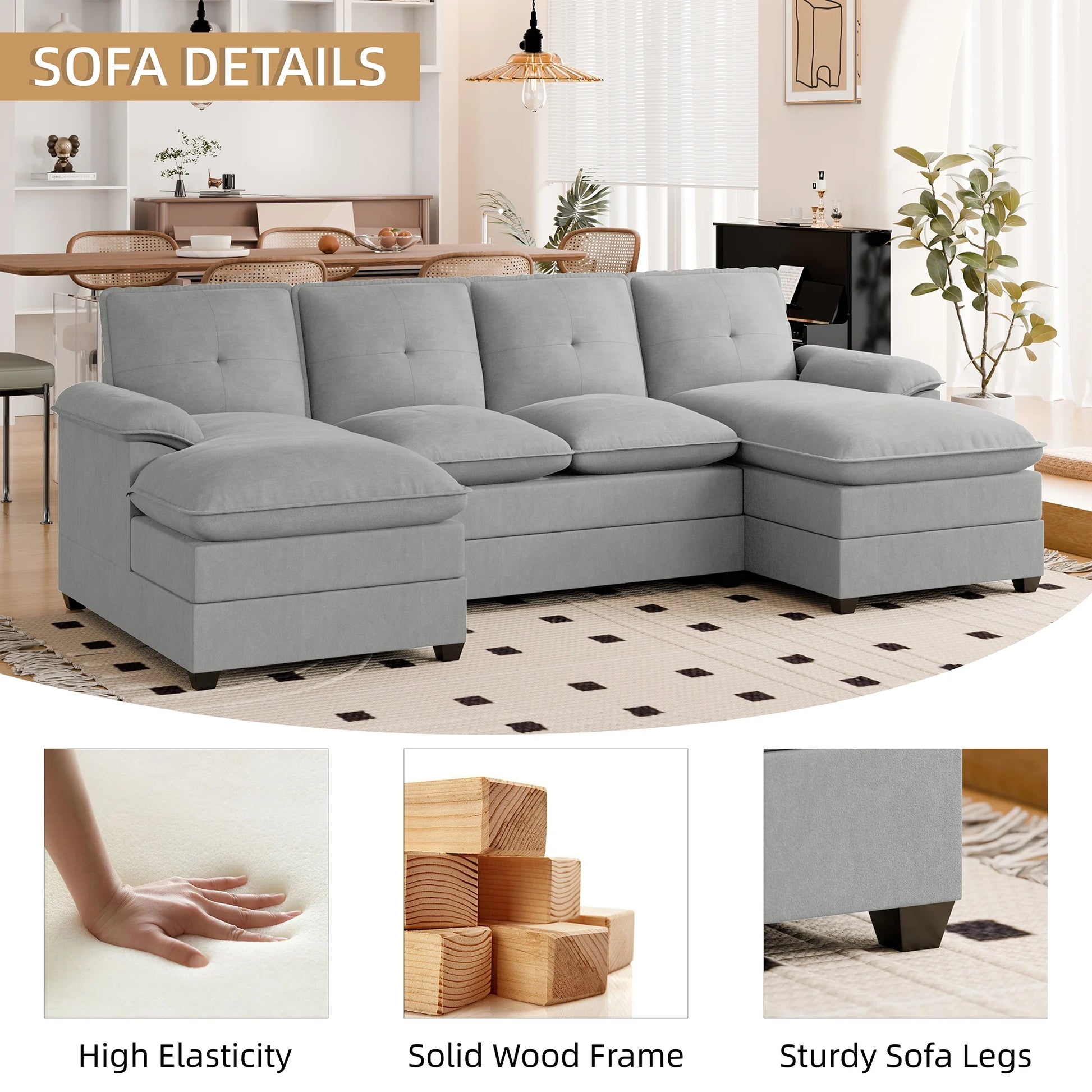 Sectional Sofa Couches Set Oversized U Shaped Sleeper Bed Couch with Double Chaise 4-Seat Cloud Couch for Living Room Home Apartment Light Gray