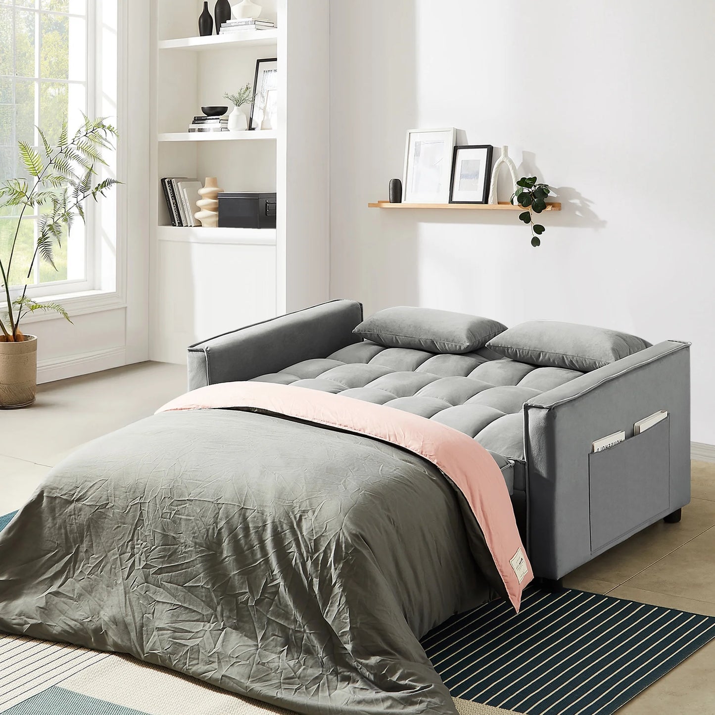 4-In-1 Convertible Futon Sofa Bed, Pull Out Couch Beds Loveseat Sleeper, Gray Velvet