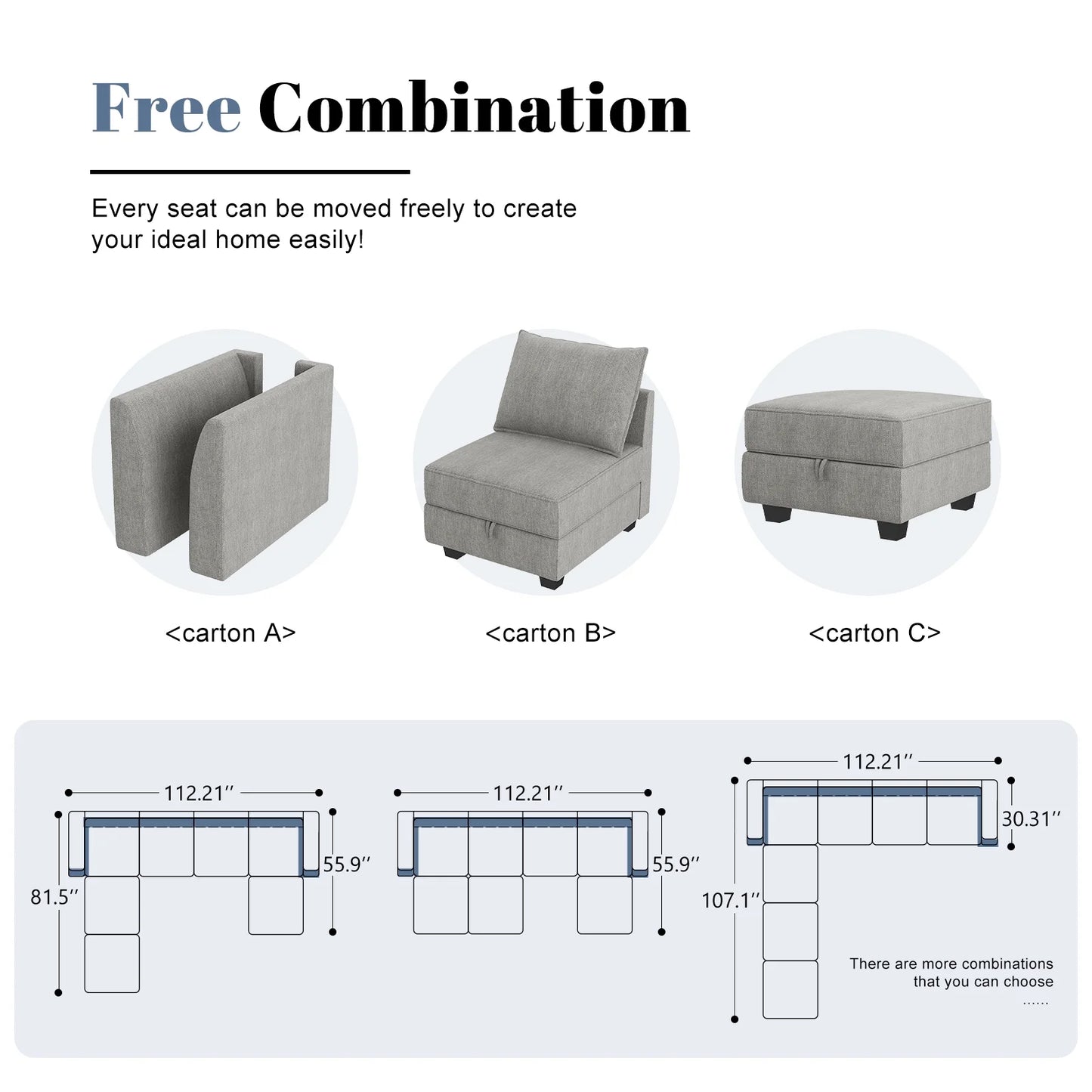 Large U-Shaped Modular Sectional Sofa with Storage Ottoman Convertible Living Room Furniture Set, Polyester Fabric, Solid Wood Frame, Gray
