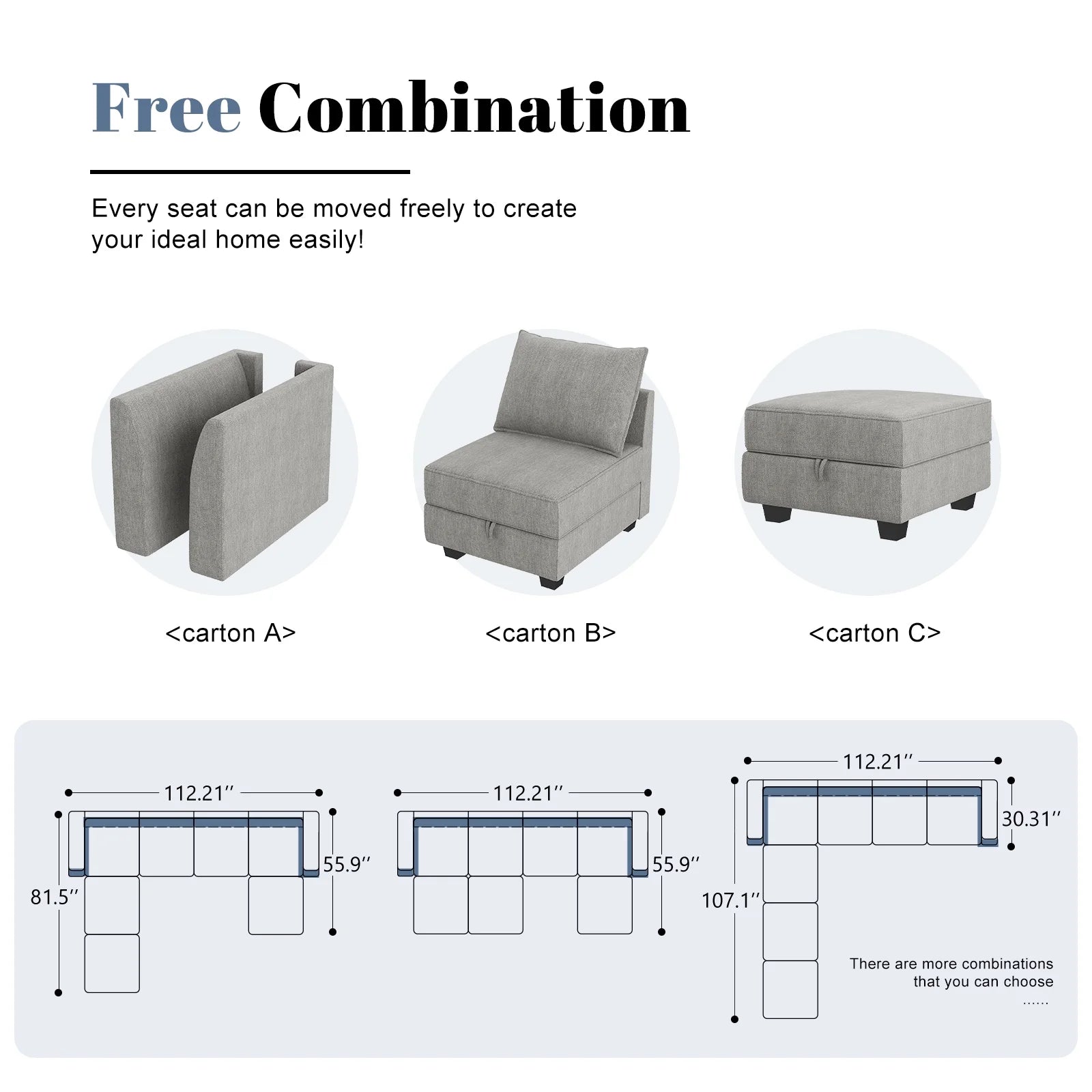 Large U-Shaped Modular Sectional Sofa with Storage Ottoman Convertible Living Room Furniture Set, Polyester Fabric, Solid Wood Frame, Gray