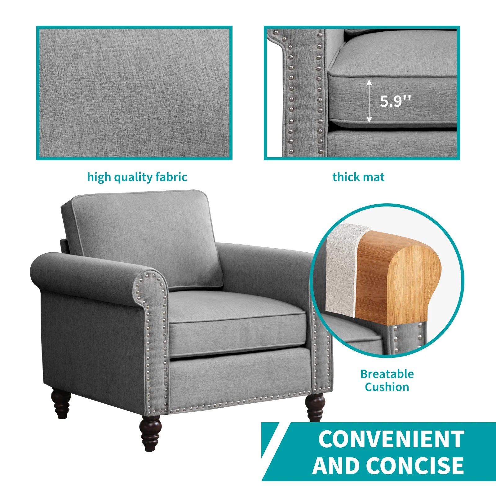 Living Room Furniture Sets with 5.9"Upholstered Cushion, 3-Seater Sectional Sofa Couch and Single Sofa Chair,Sofa Set for Living Room(Light Grey)