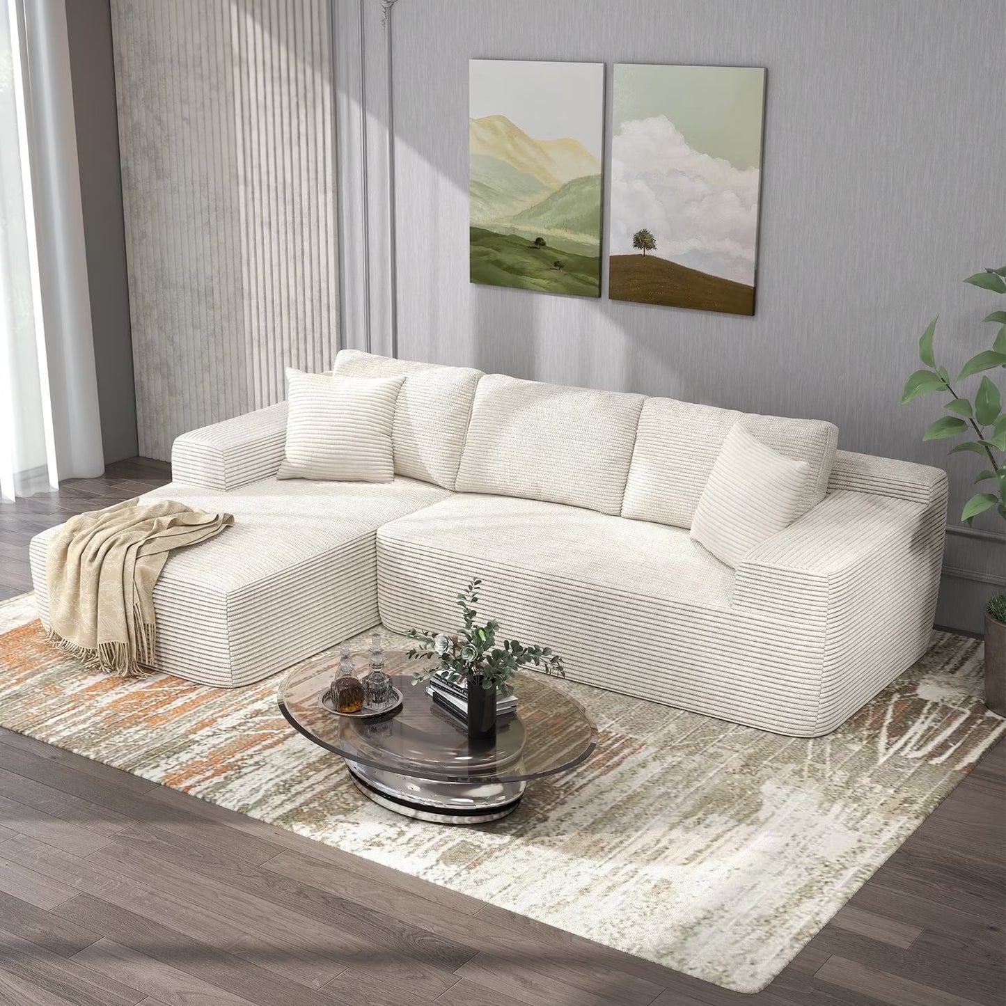 Indoor Modular Sectional Sofa, 106" Corduroy Cloud Couch L Shaped Sofas with Deep Seat, Comfy Fluffy Plush Couches, No Assembly Required, Left Chaise, White
