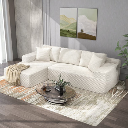 Indoor Modular Sectional Sofa, 106" Corduroy Cloud Couch L Shaped Sofas with Deep Seat, Comfy Fluffy Plush Couches, No Assembly Required, Left Chaise, White