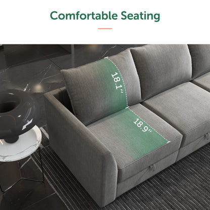 Large U-Shaped Modular Sectional Sofa with Storage Ottoman Convertible Living Room Furniture Set, Polyester Fabric, Solid Wood Frame, Gray