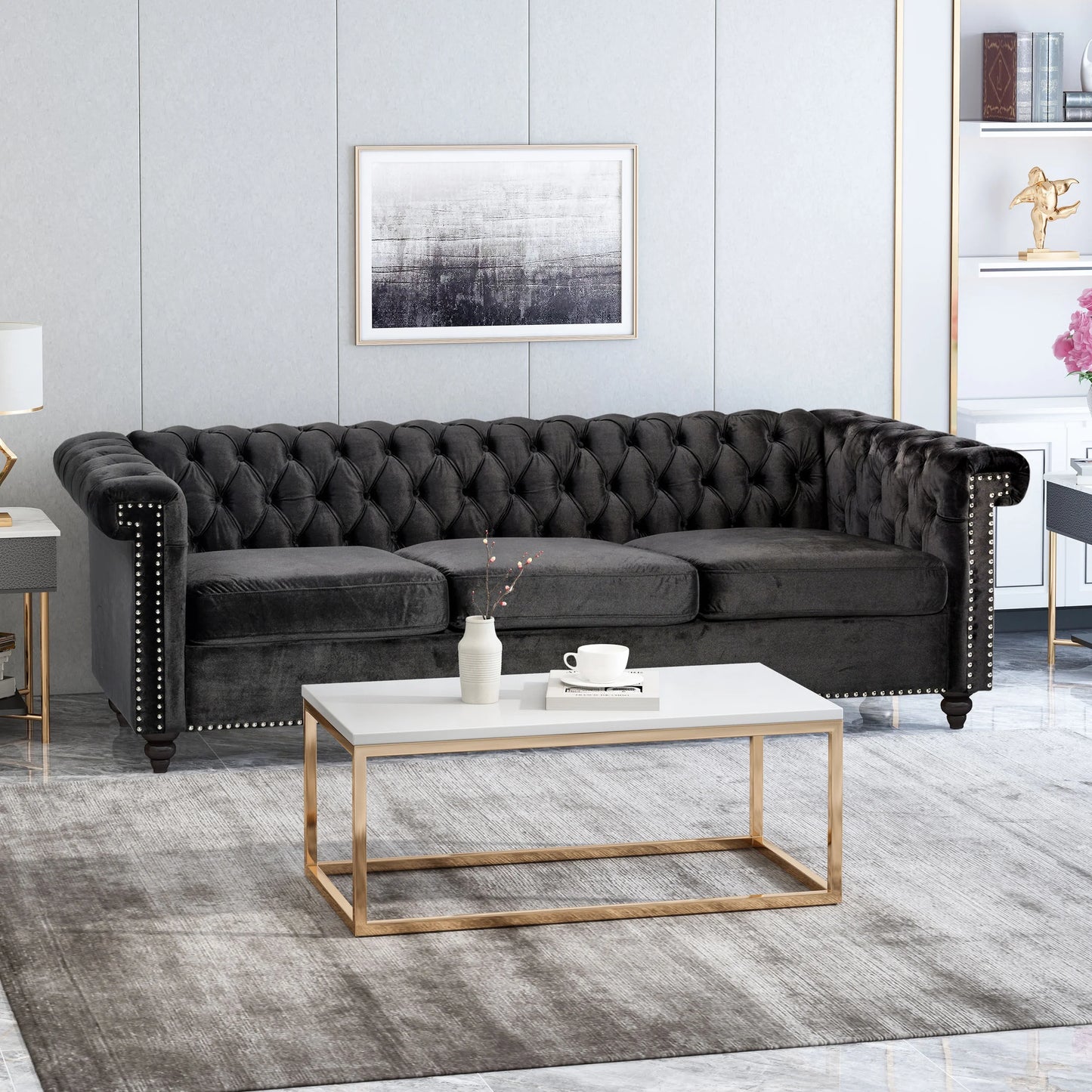 Zyiere Tufted Chesterfield 3 Seater Sofa, Black Velvet and Dark Brown