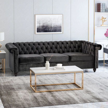 Zyiere Tufted Chesterfield 3 Seater Sofa, Black Velvet and Dark Brown