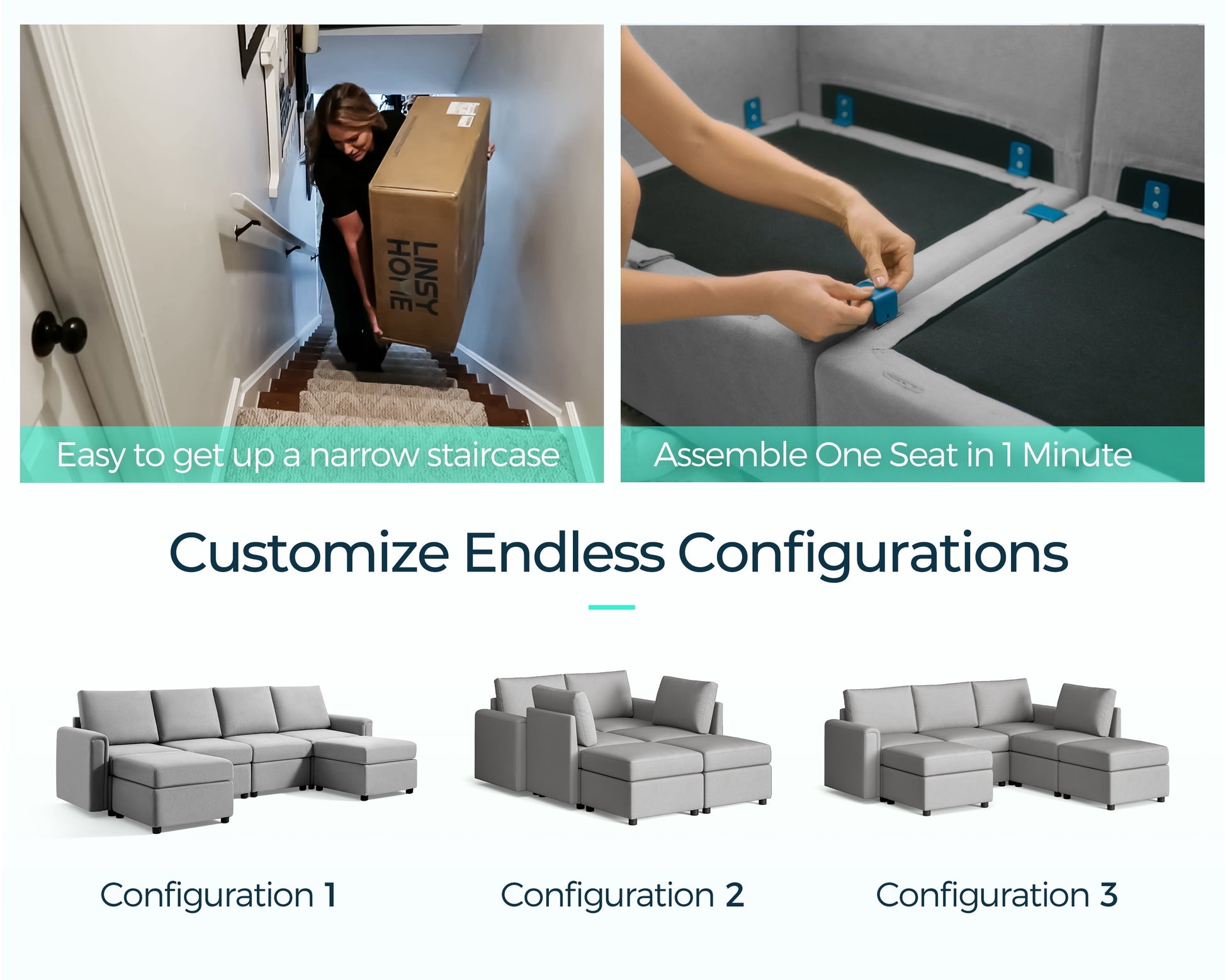 Modular Couches and Sofas Sectional with Storage, 6 Seat Sectional Sofa for Living Room, U Shaped Sectional Couch with Reversible Chaises, Light Gray