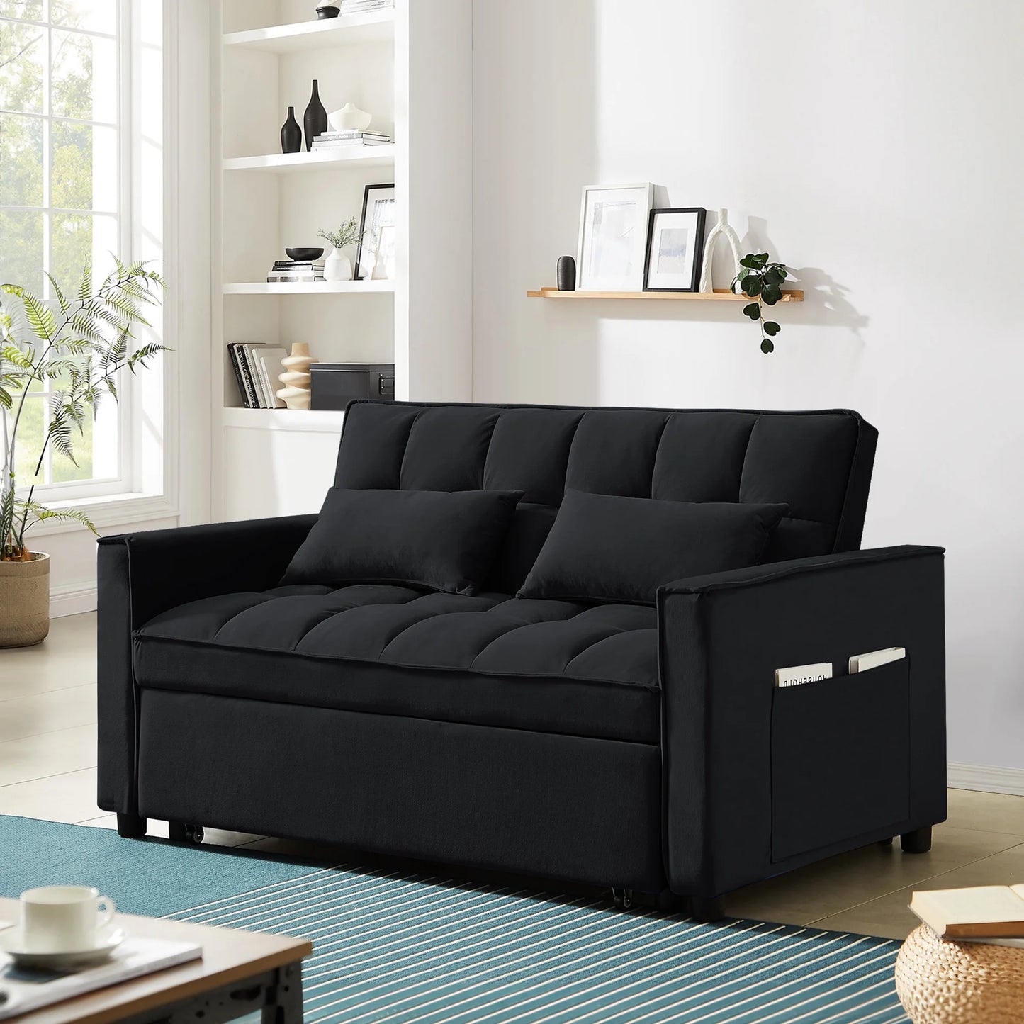4-In-1 Convertible Futon Sofa Bed, Pull Out Couch Beds Loveseat Sleeper, Black Velvet