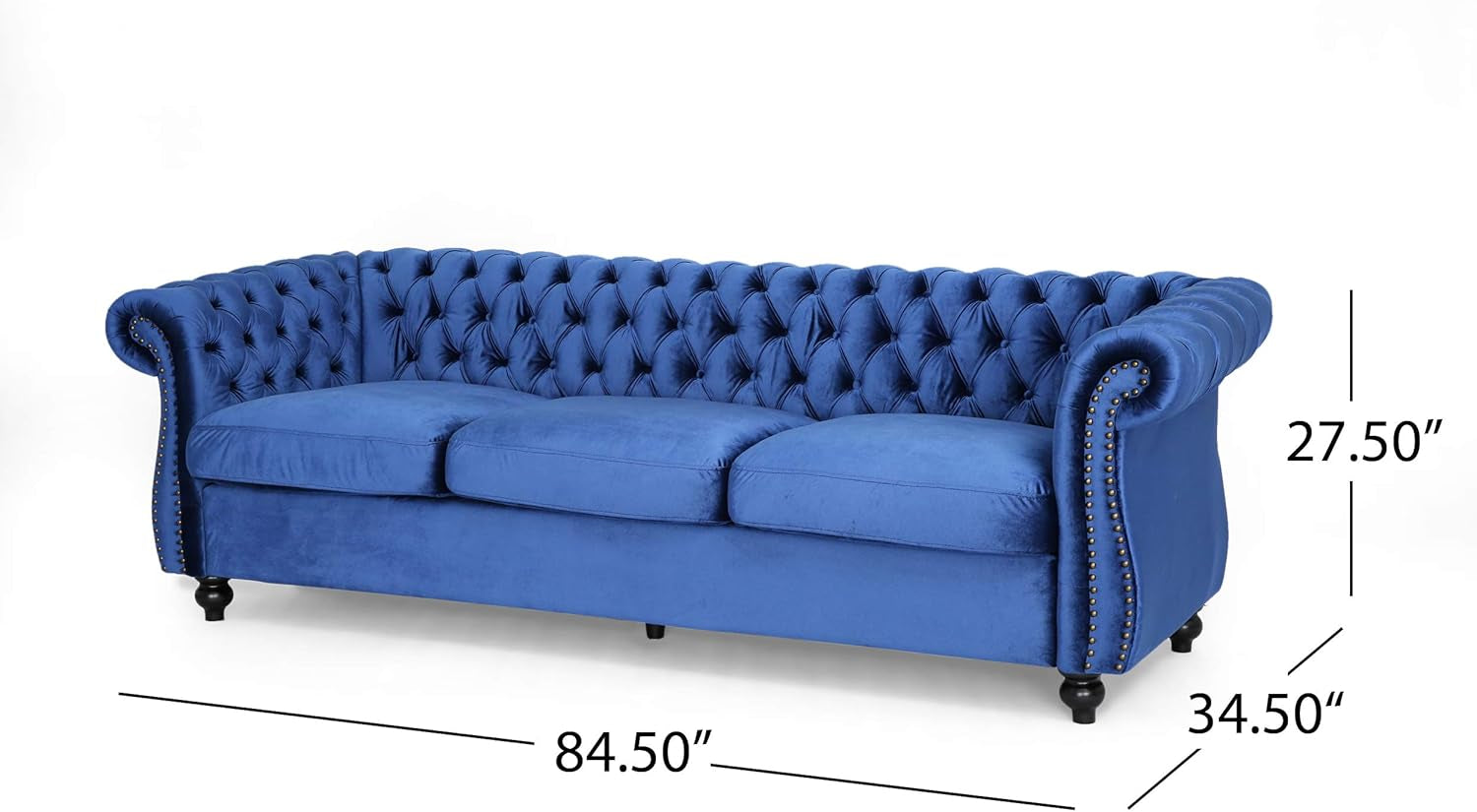 Great Deal Furniture  Chesterfield Tufted Jewel Toned Velvet Sofa with Scroll Arms, Navy Blue