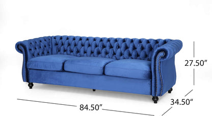 Great Deal Furniture  Chesterfield Tufted Jewel Toned Velvet Sofa with Scroll Arms, Navy Blue