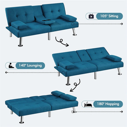 Fabric Upholstered Convertible Futon Sofa Bed with Cup Holders and Pillows for Livingroom, Aqua Blue