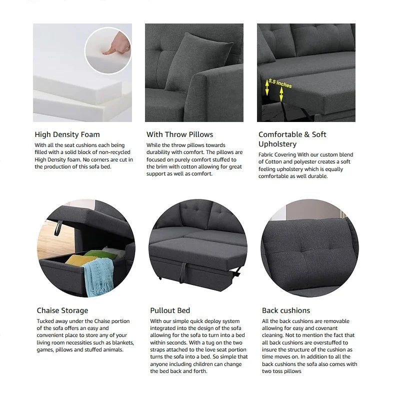 3 Seater L-Shaped Sofa with Pull-Out Sleeper Sofa, Sofa with Storage Recliner for Living Room, Bedroom, Apartment Small Combination Sofa, Dark Gray