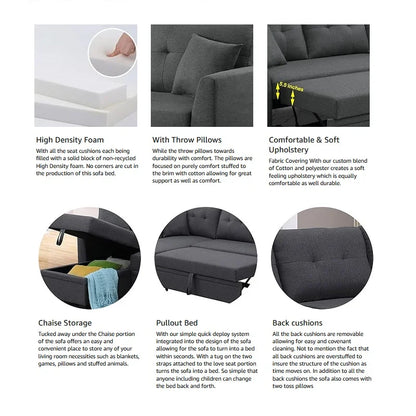 3 Seater L-Shaped Sofa with Pull-Out Sleeper Sofa, Sofa with Storage Recliner for Living Room, Bedroom, Apartment Small Combination Sofa, Dark Gray