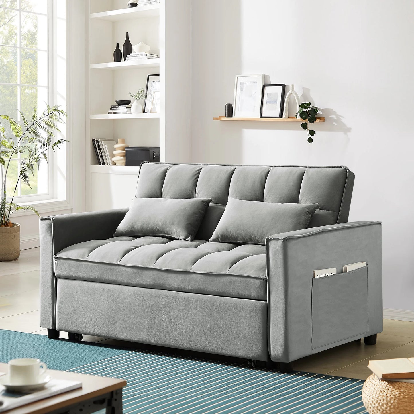 4-In-1 Convertible Futon Sofa Bed, Pull Out Couch Beds Loveseat Sleeper, Gray Velvet