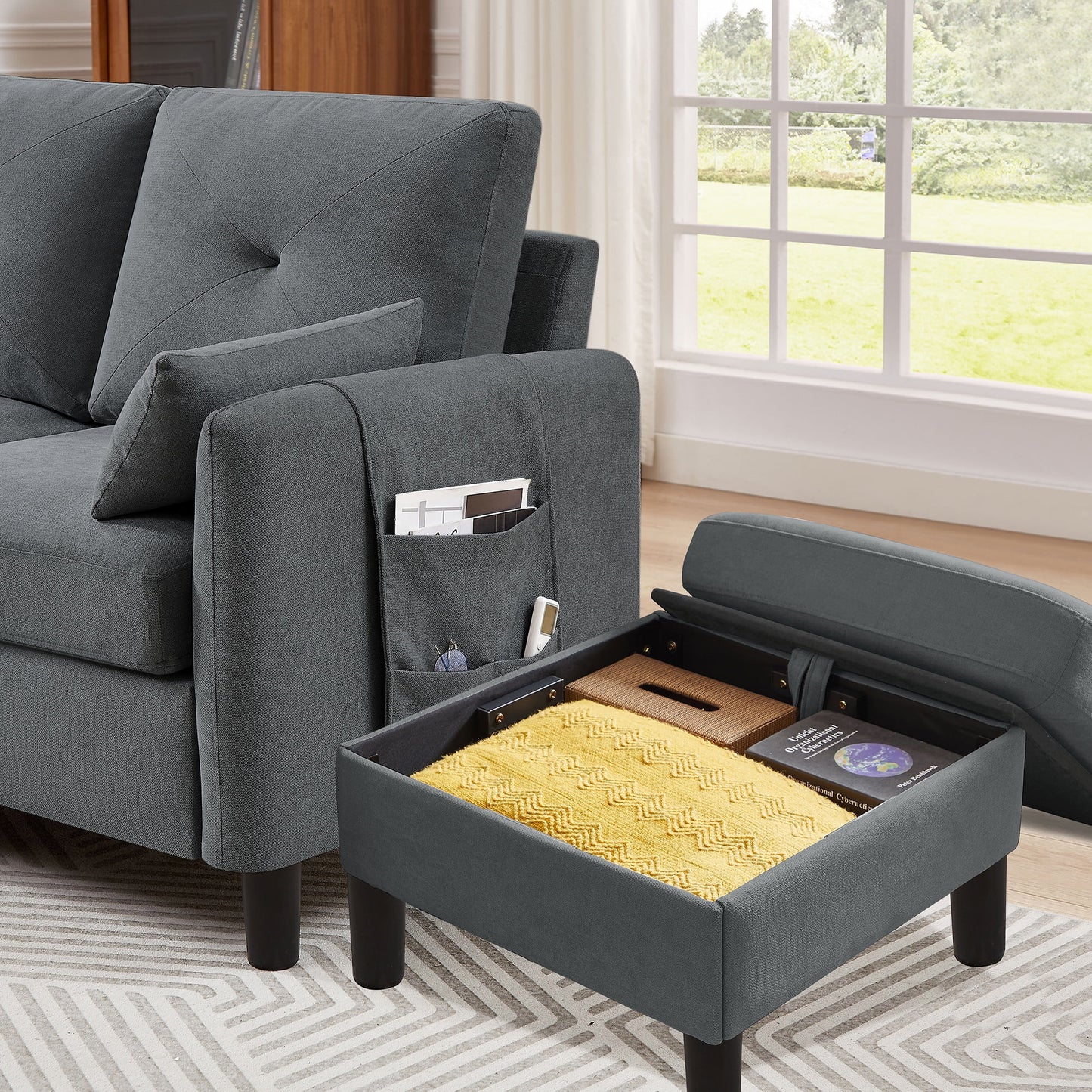 Convertible Sectional Sofa L Shaped Sofa Modern Fabric 3 Seat Couch with Reversible Storage Ottoman and Side Storage Pocket for Living Room Office Apartment Studio