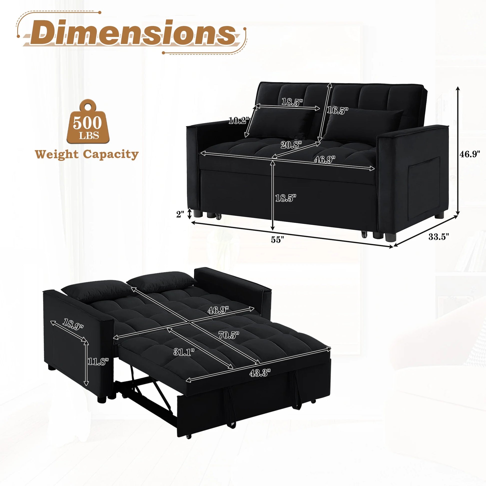 4-In-1 Convertible Futon Sofa Bed, Pull Out Couch Beds Loveseat Sleeper, Black Velvet