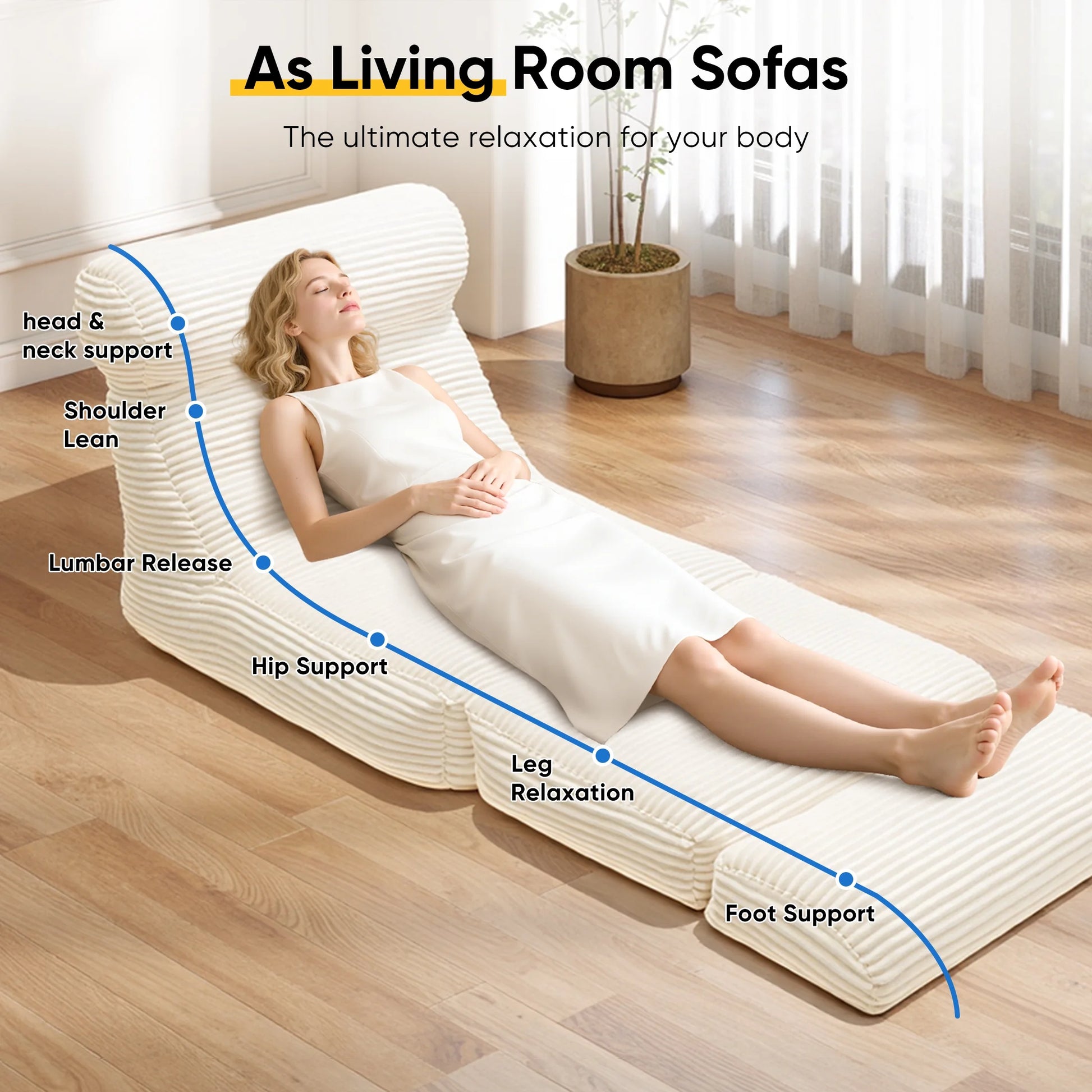 Folding Sofa Bed, 3 in 1 Convertible Sofa with Back Support, Portable Folding Chair Bed, Living Room Bedroom Comfortable Floor Sofa Lounge, Single Bed, White