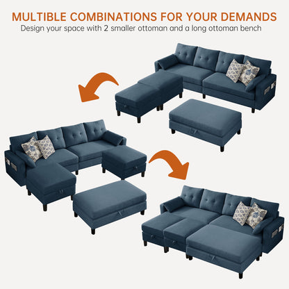 101" Sectional Sofa with 3 Storage Ottoman,4 Seat U Shaped Couch with Side Pockets, Modern Linen Sofa Bed with Coffee Table Ottoman for Living Room Apartment Office Studio,Tool Free Assemble