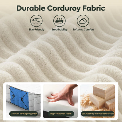 Corduroy Sectional Sofa Couches for Living Room, L-Shaped Modular Small Couch Convertible 3 Seater Sofa with Ottaman Storage,Beige