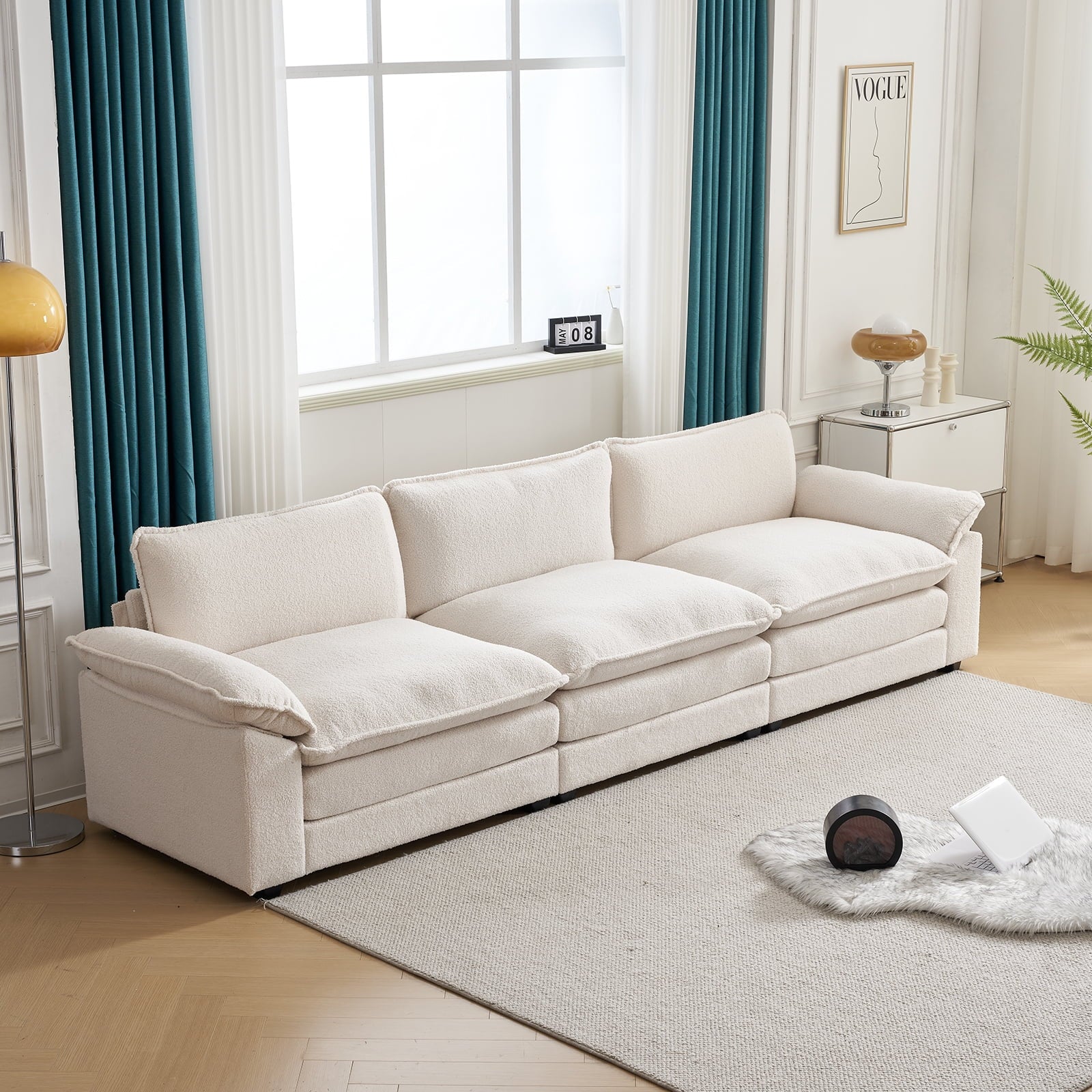 120" W Sectional Sofa Modern Convertible Couch with Double Cushions L Shaped Sofa with Reversible Chaise, Teddy Velvet Sofa Set with 3 Wider Seater Teddy White