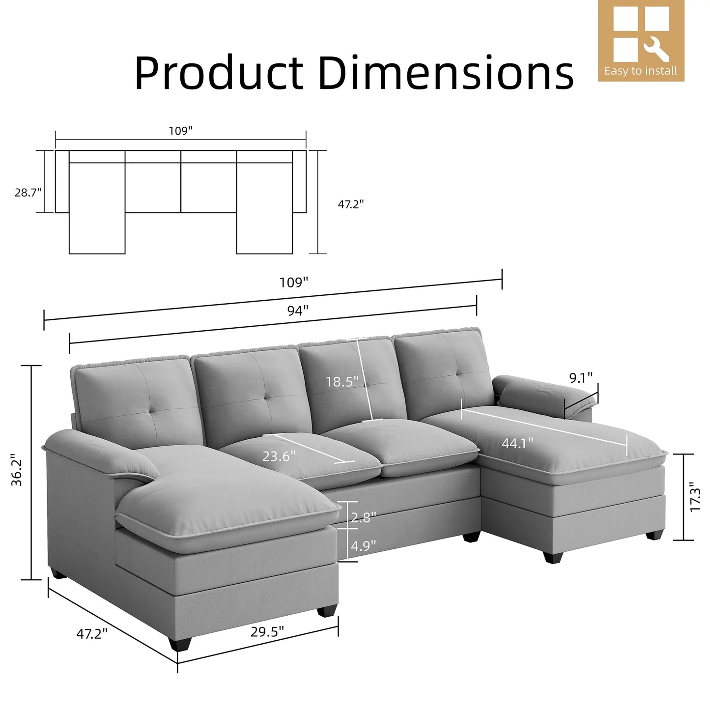 Sectional Sofa Couches Set Oversized U Shaped Sleeper Bed Couch with Double Chaise 4-Seat Cloud Couch for Living Room Home Apartment Light Gray